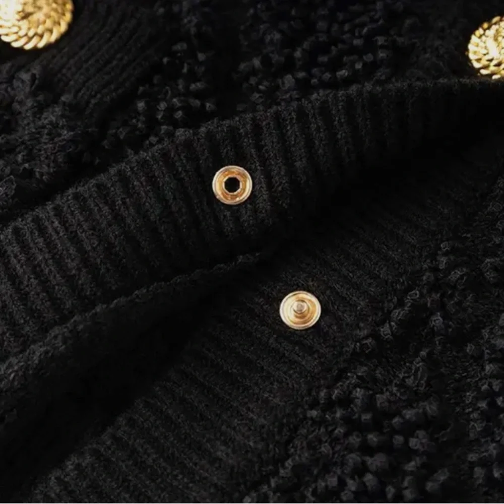 SWEATERS- Black Boucle Cardigan Sweater With Gold Buttons - Picture 8 of 8